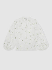 Women Floral-Embroidered Tie-Neck Blouse Ramie-Lyocell in Ivory