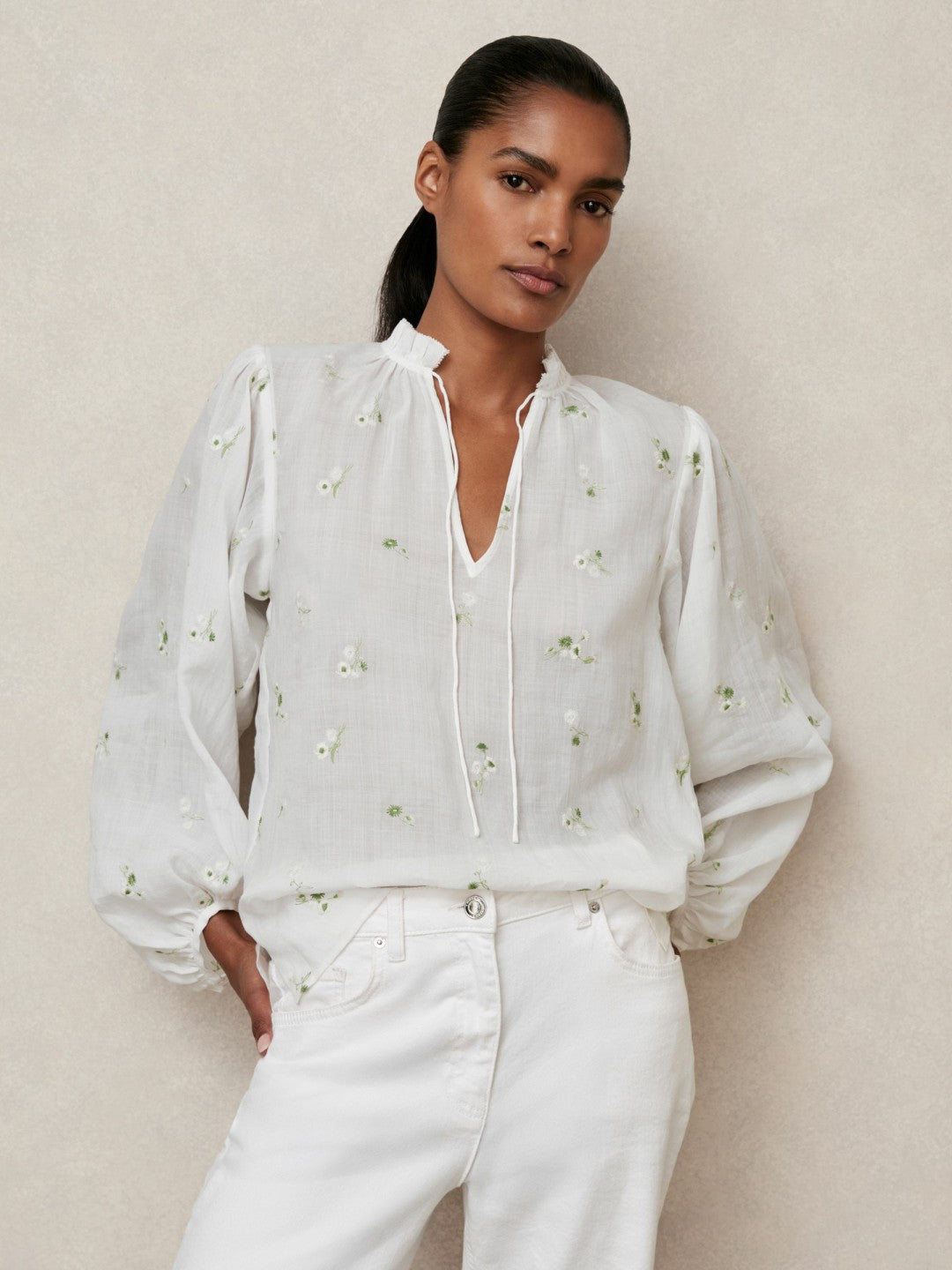 Women Floral-Embroidered Tie-Neck Blouse Ramie-Lyocell in Ivory