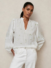 Women Floral-Embroidered Tie-Neck Blouse Ramie-Lyocell in Ivory