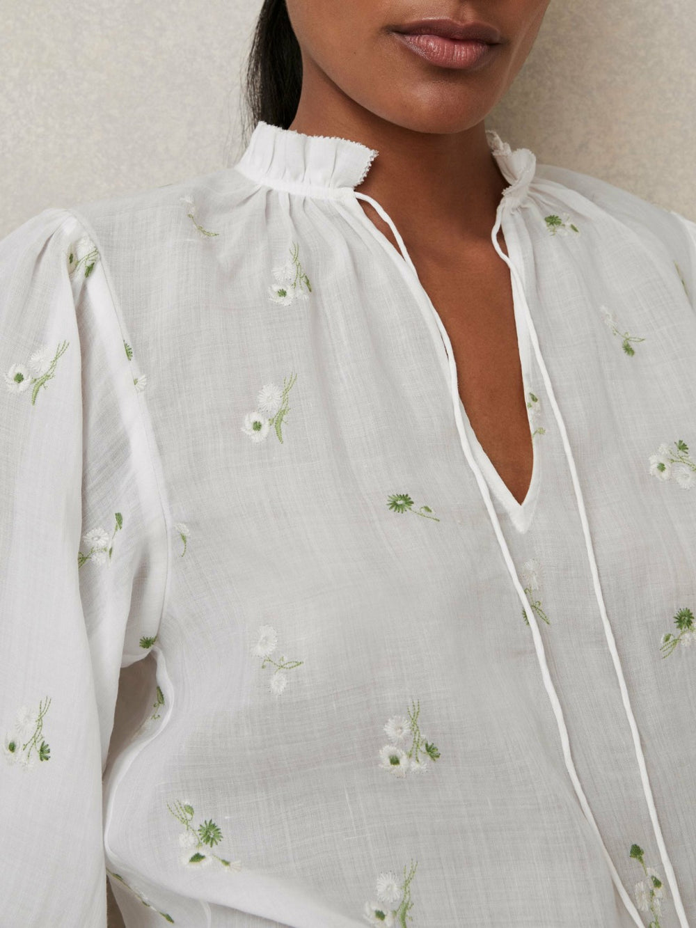 Women Floral-Embroidered Tie-Neck Blouse Ramie-Lyocell in Ivory