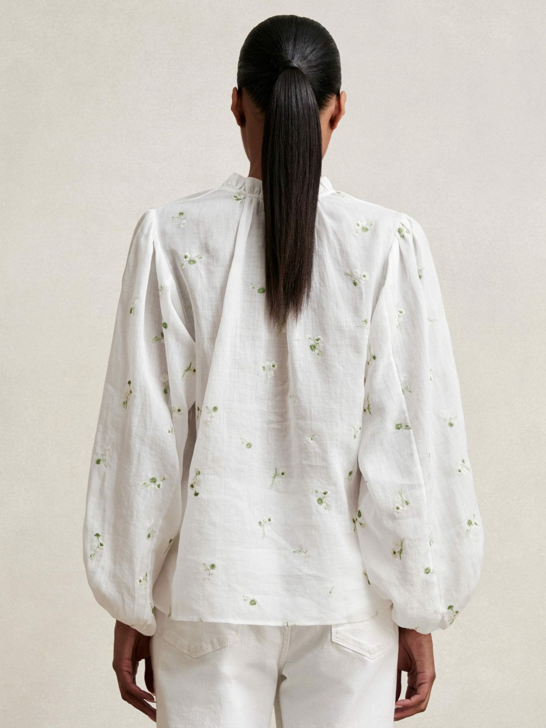 Women Floral-Embroidered Tie-Neck Blouse Ramie-Lyocell in Ivory