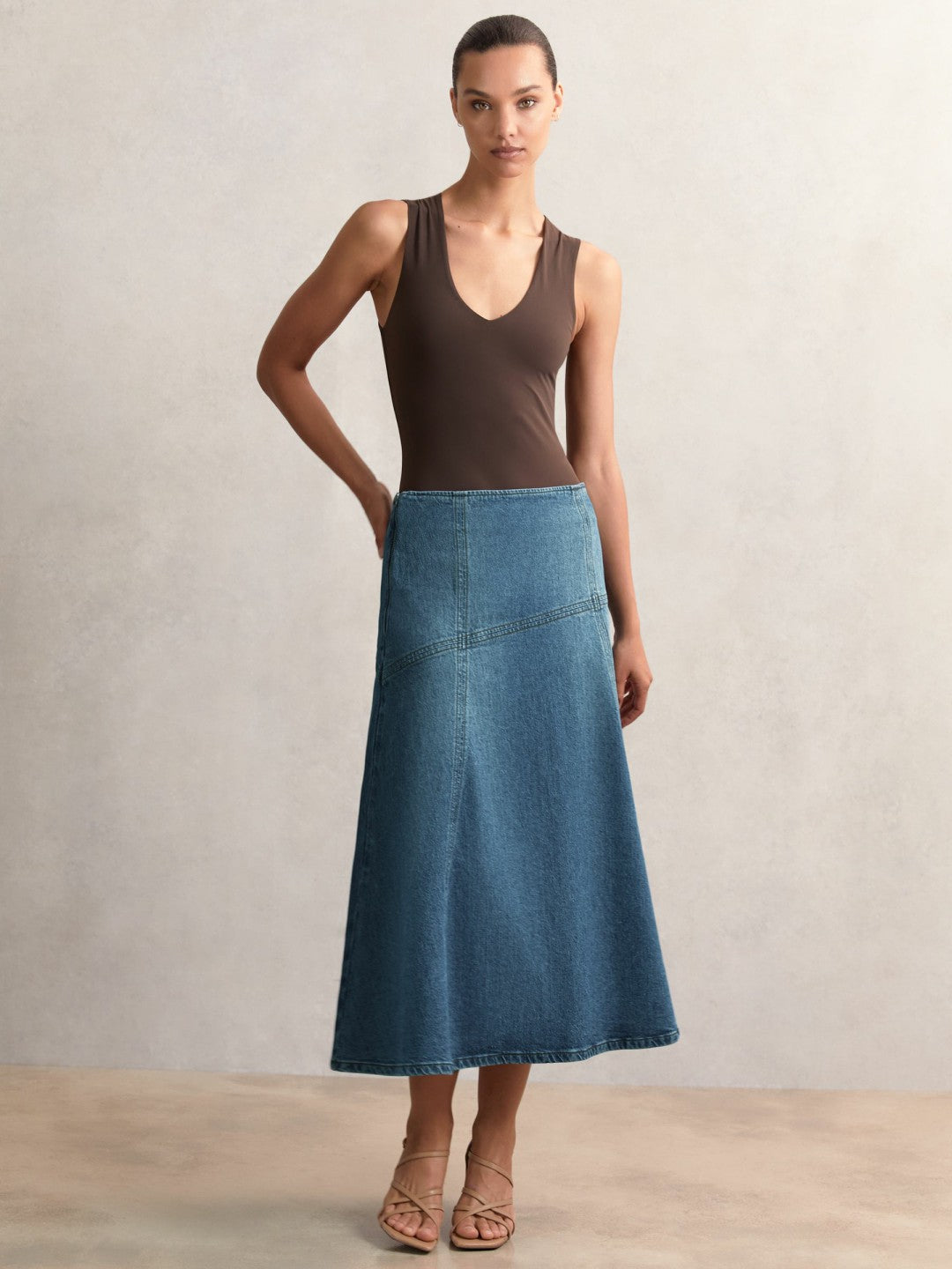 Women Denim Panelled Midi Skirt in Indigo