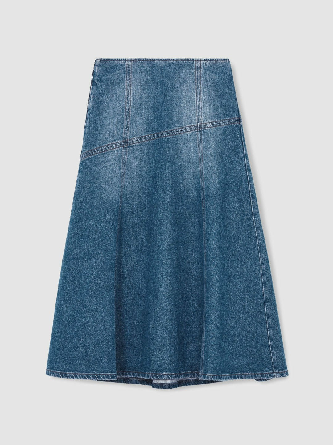 Women Denim Panelled Midi Skirt in Indigo