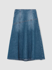Women Denim Panelled Midi Skirt in Indigo