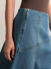 Women Denim Panelled Midi Skirt in Indigo