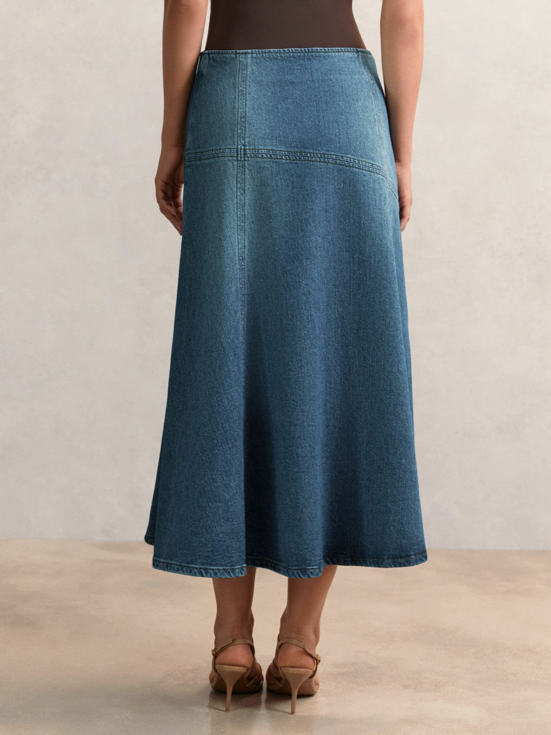 Women Denim Panelled Midi Skirt in Indigo