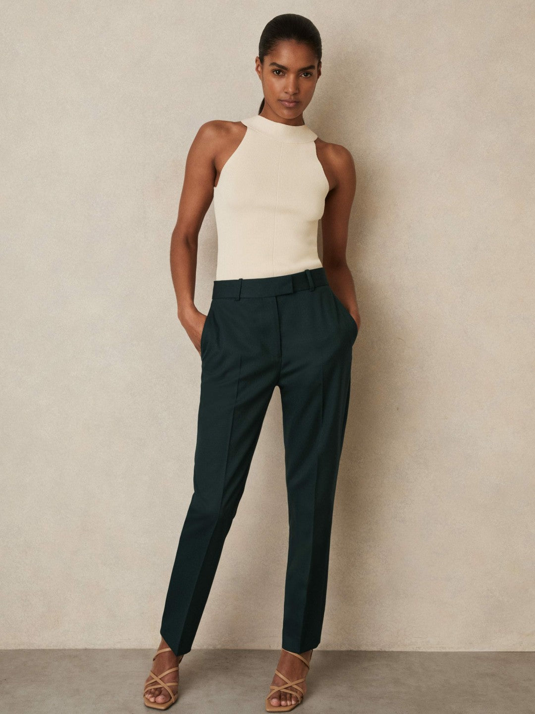 Women Petite Wool-Blend Slim-Fit Suit Trousers in Green