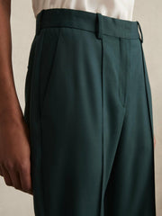 Women Petite Wool-Blend Wide-Leg Suit Trousers in Green