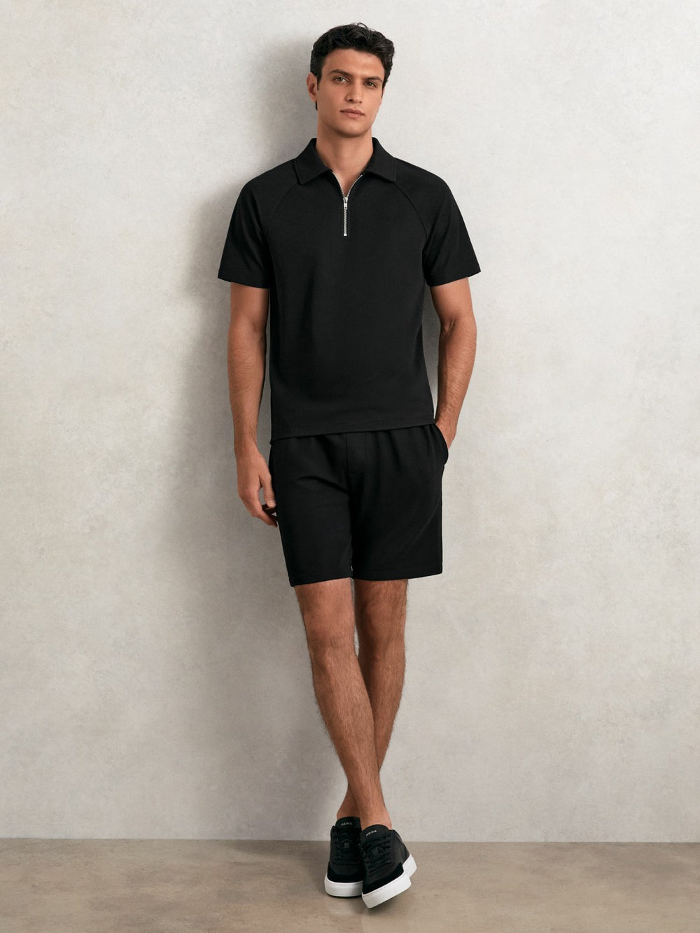 Men Bonded-Leather Low-Top Trainers in Black