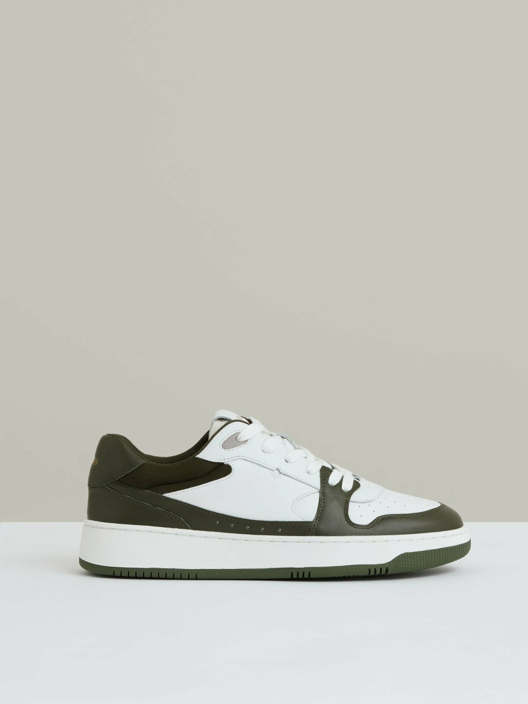 Women Leather Panelled Trainers in Khaki/White