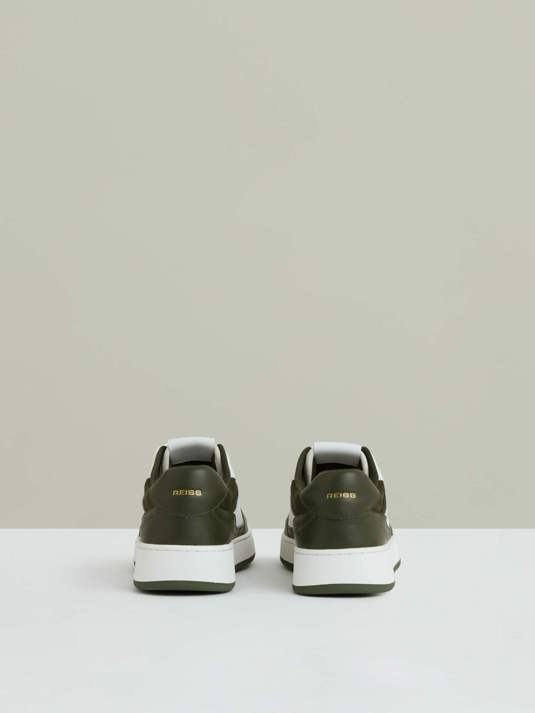 Women Leather Panelled Trainers in Khaki/White
