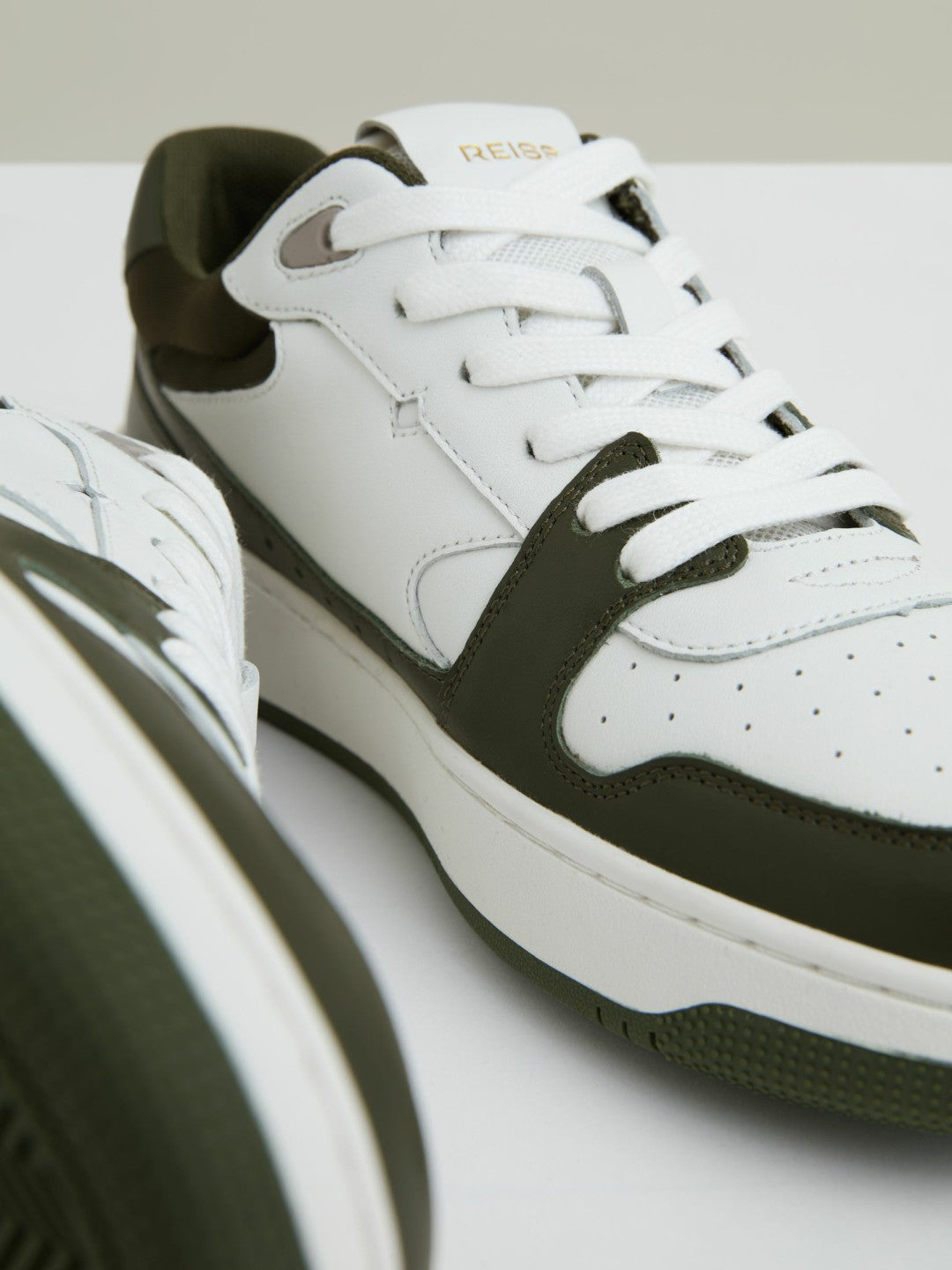 Women Leather Panelled Trainers in Khaki/White