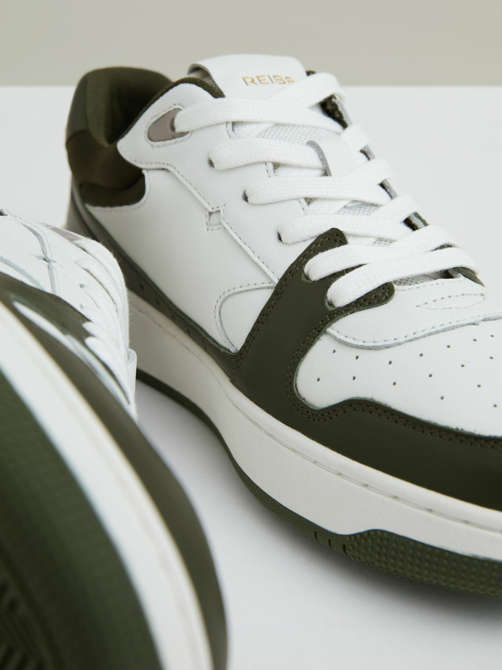 Women Leather Panelled Trainers in Khaki/White