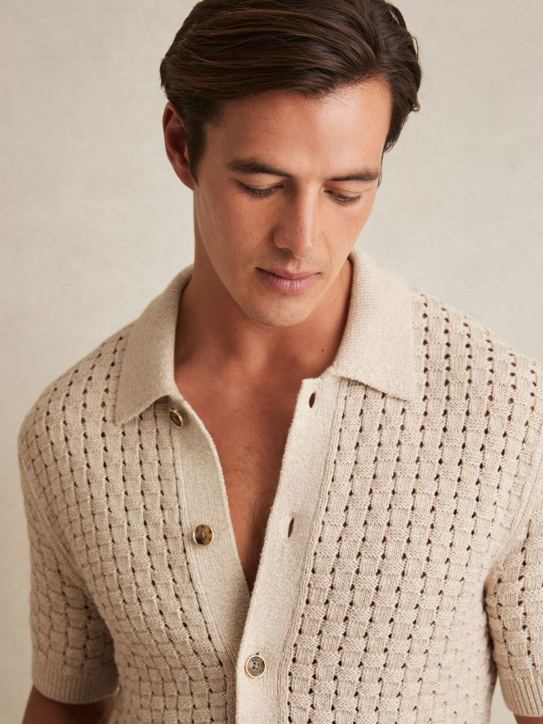 Men Basketweave Knit Button Through Cotton Blend Shirt in Stone