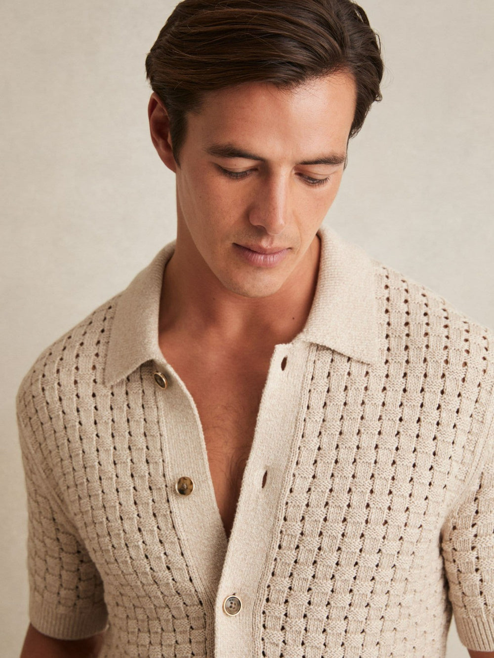 Men Basketweave Knit Button Through Cotton Blend Shirt in Stone