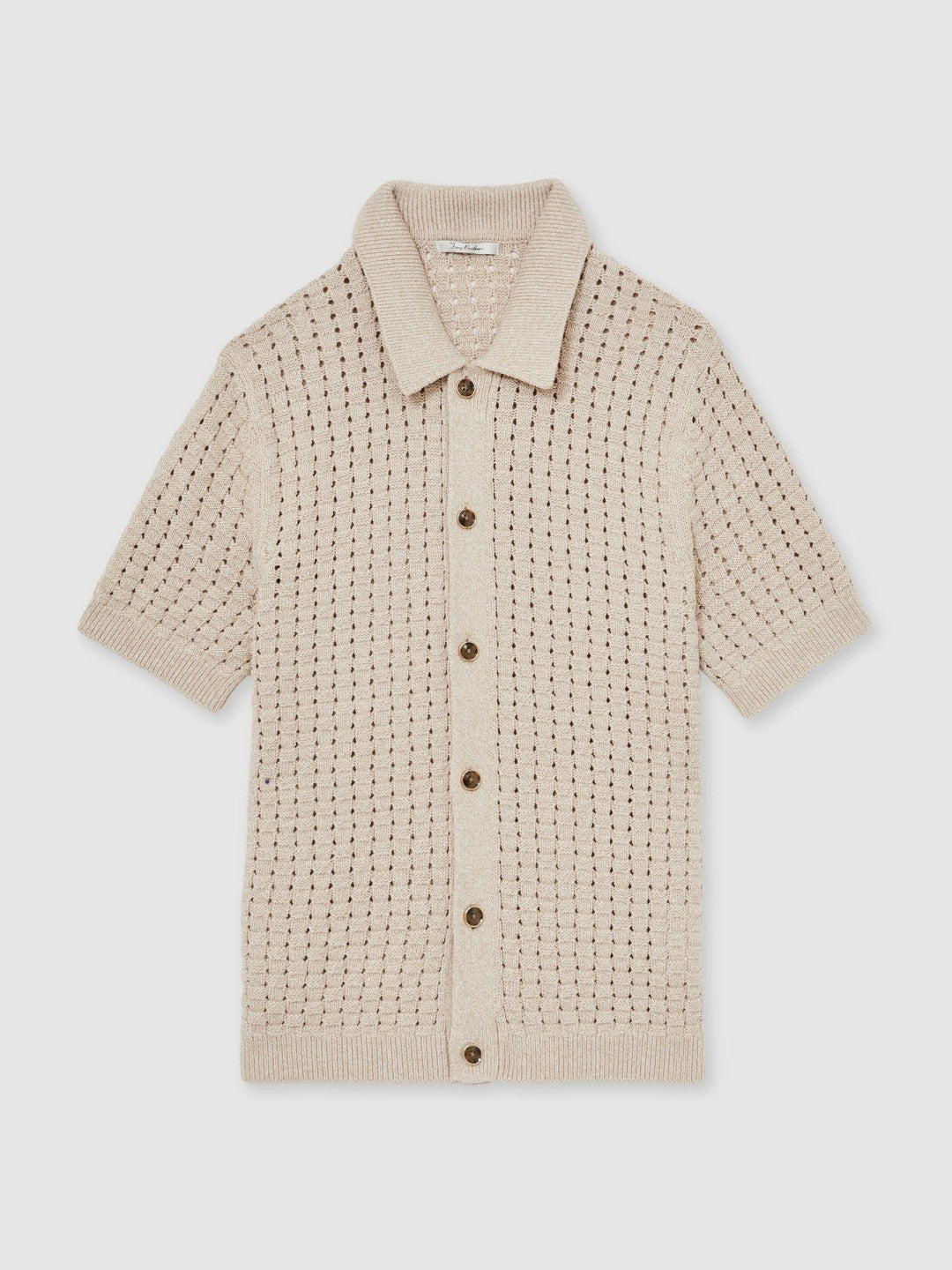 Men Basketweave Knit Button Through Cotton Blend Shirt in Stone