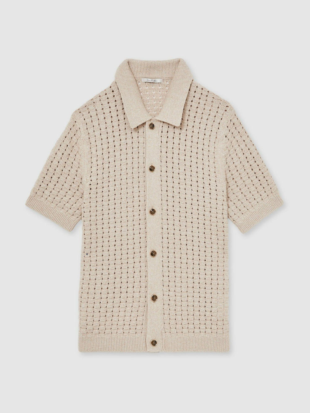 Men Basketweave Knit Button Through Cotton Blend Shirt in Stone