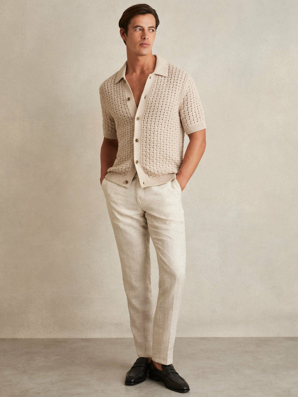 Men Basketweave Knit Button Through Cotton Blend Shirt in Stone
