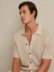Men Basketweave Knit Button Through Cotton Blend Shirt in Stone