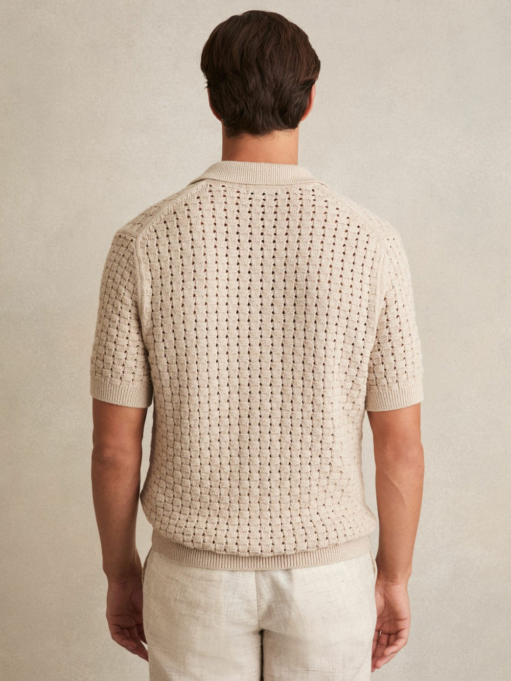 Men Basketweave Knit Button Through Cotton Blend Shirt in Stone