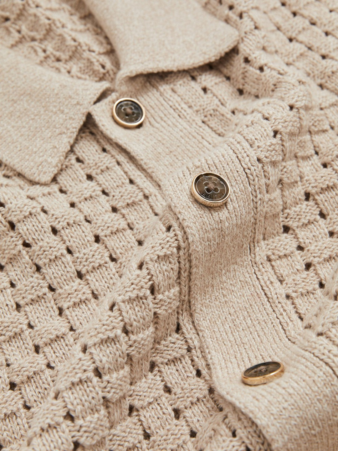 Men Basketweave Knit Button Through Cotton Blend Shirt in Stone