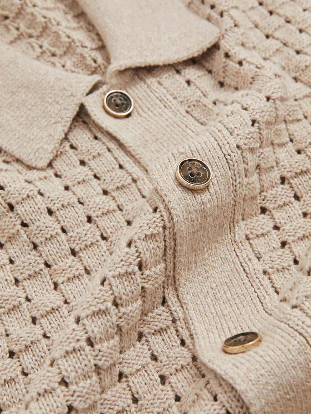 Men Basketweave Knit Button Through Cotton Blend Shirt in Stone