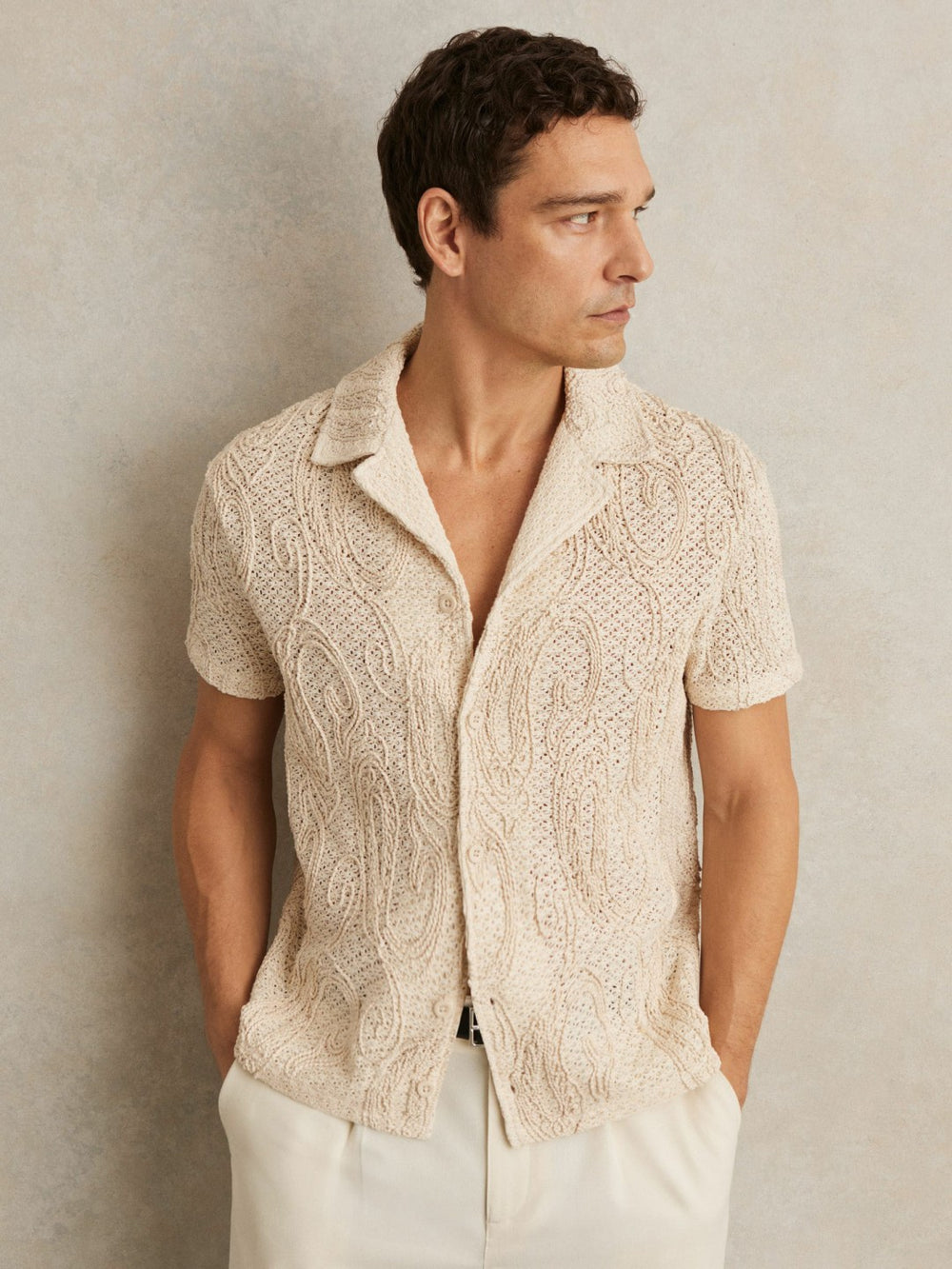 Men Cotton-Blend Embroidered Crochet Shirt in Oatmeal