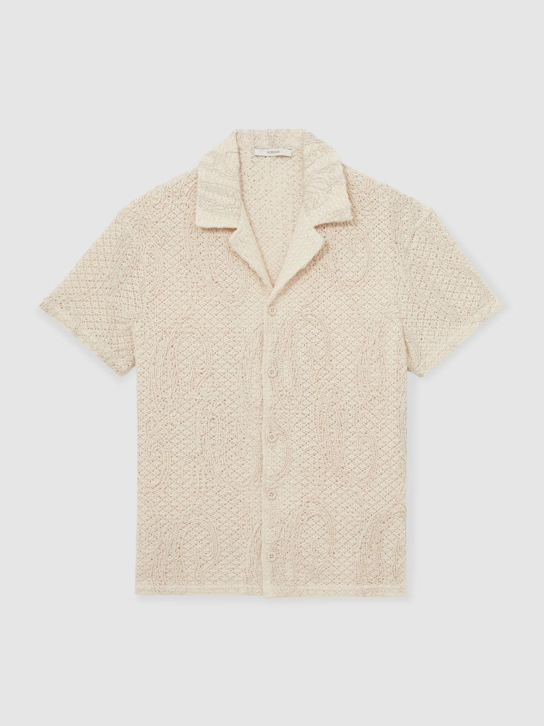 Men Cotton-Blend Embroidered Crochet Shirt in Oatmeal