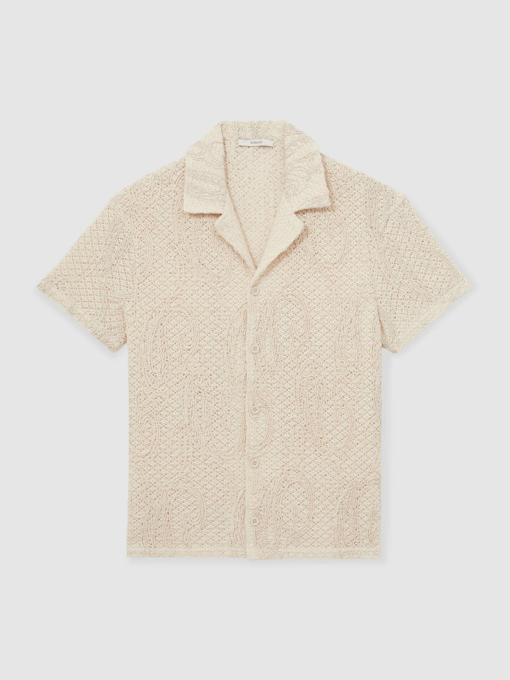 Men Cotton-Blend Embroidered Crochet Shirt in Oatmeal