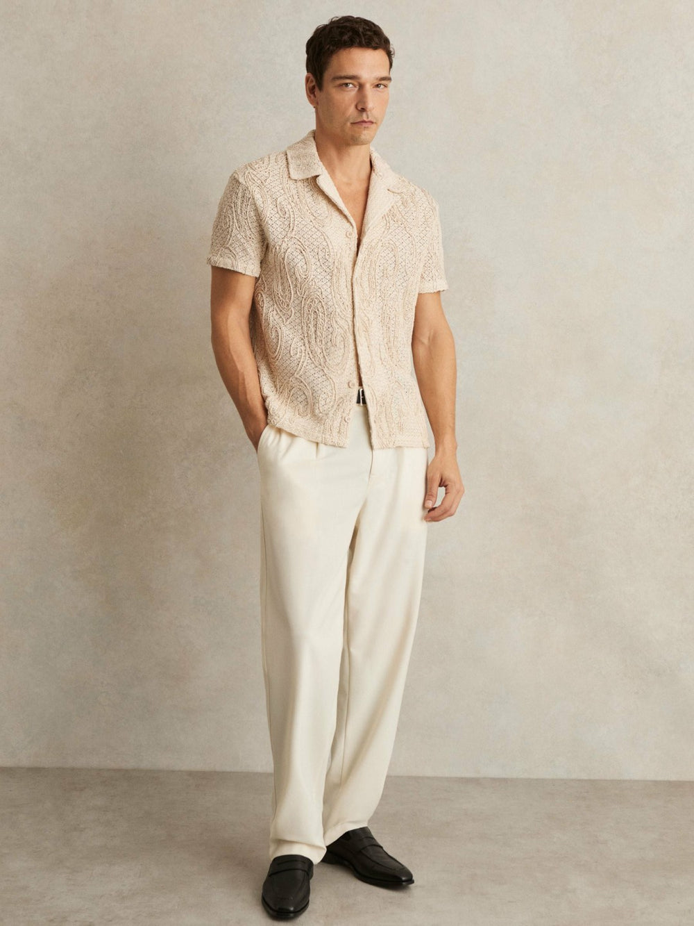 Men Cotton-Blend Embroidered Crochet Shirt in Oatmeal