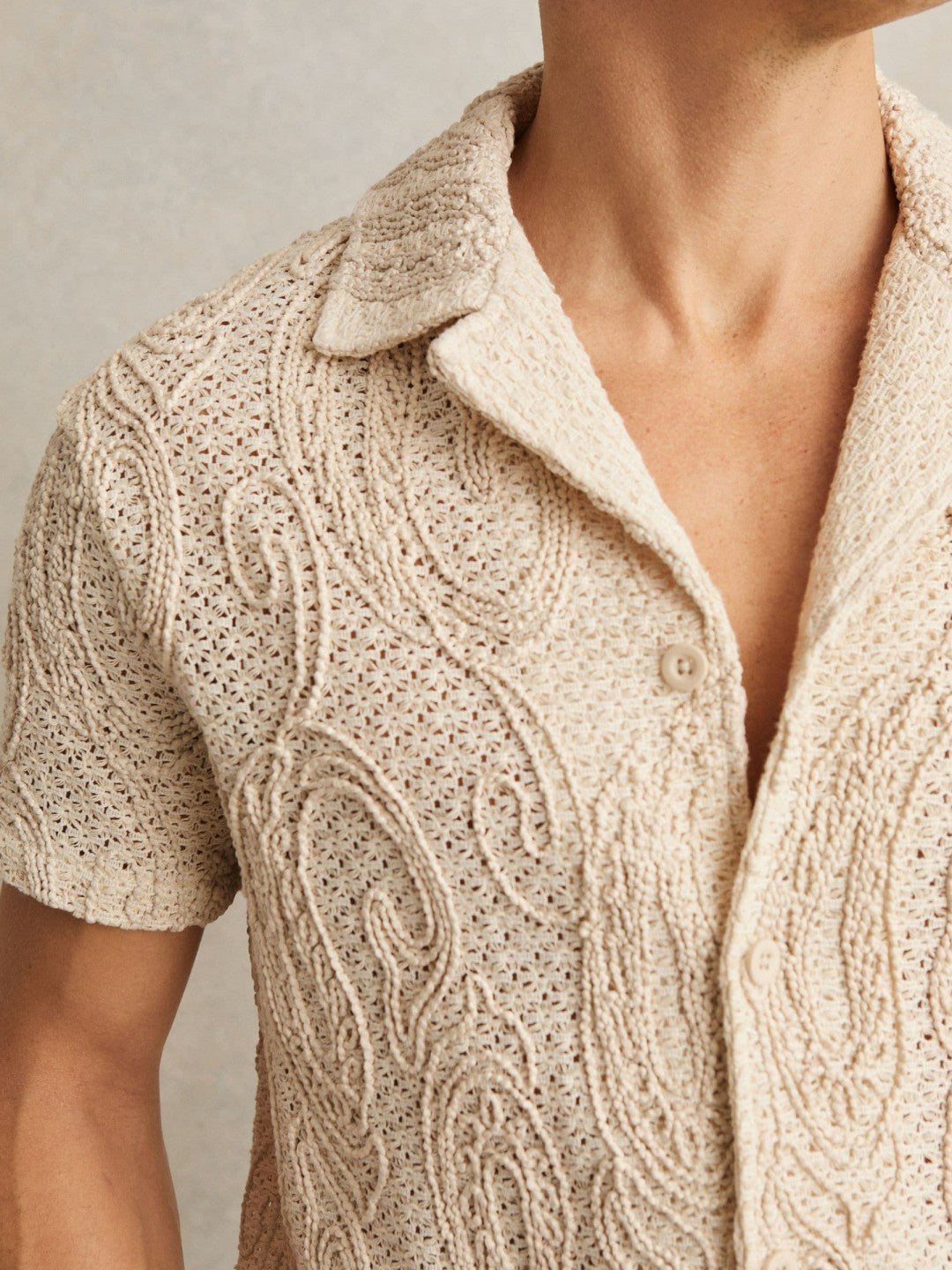 Men Cotton-Blend Embroidered Crochet Shirt in Oatmeal