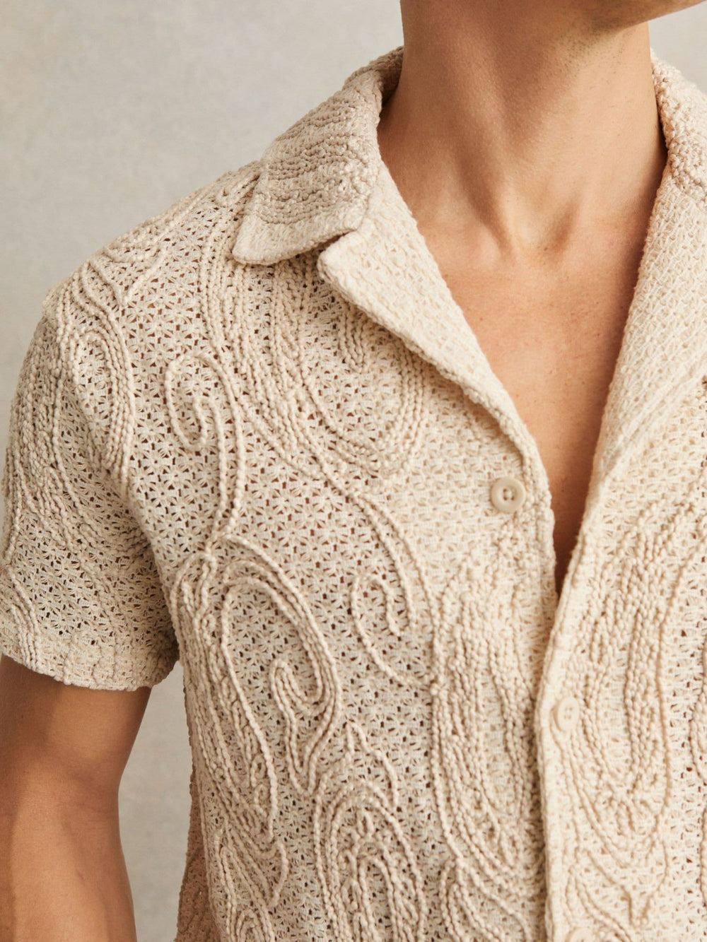 Men Cotton-Blend Embroidered Crochet Shirt in Oatmeal