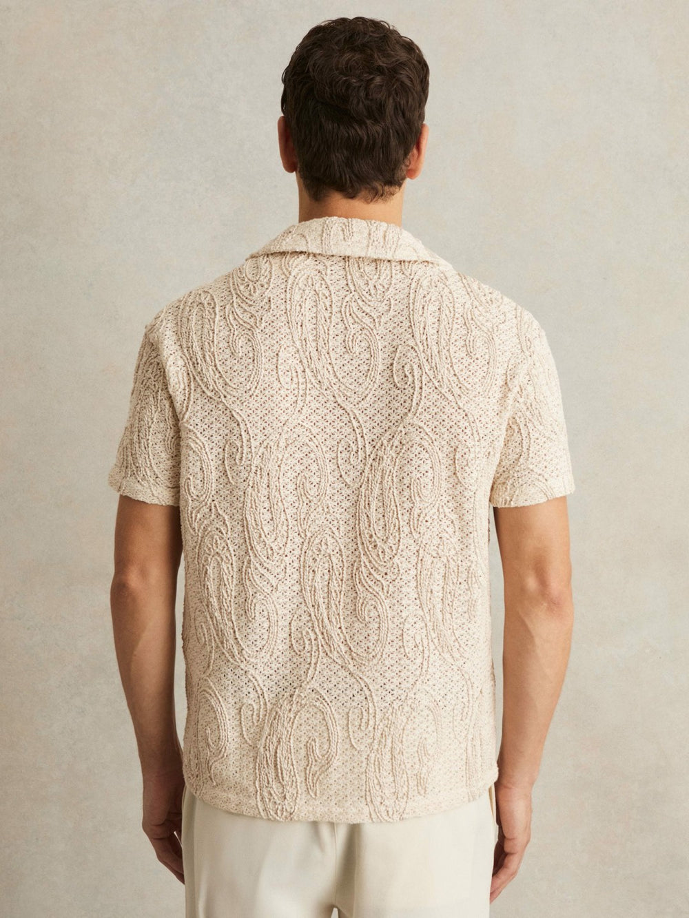 Men Cotton-Blend Embroidered Crochet Shirt in Oatmeal