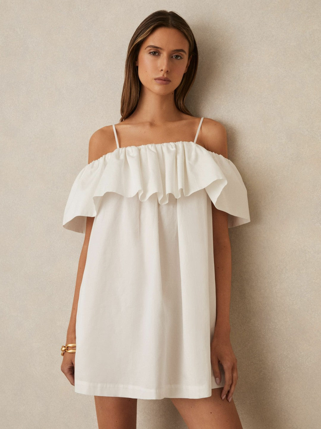 Women Cotton Off Shoulder Mini Dress in Ivory Cream