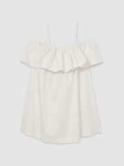 Women Cotton Off Shoulder Mini Dress in Ivory Cream