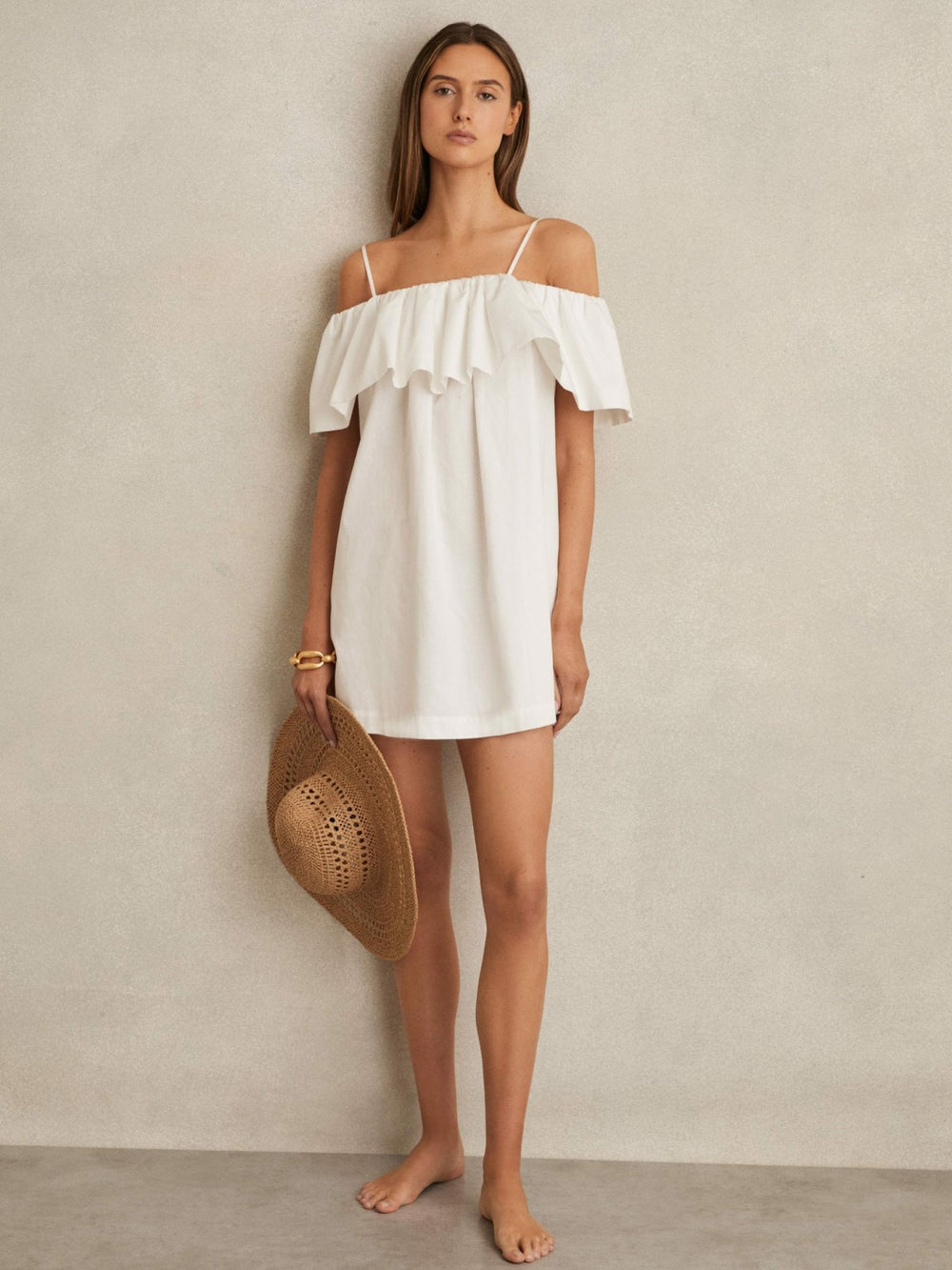 Women Cotton Off Shoulder Mini Dress in Ivory Cream