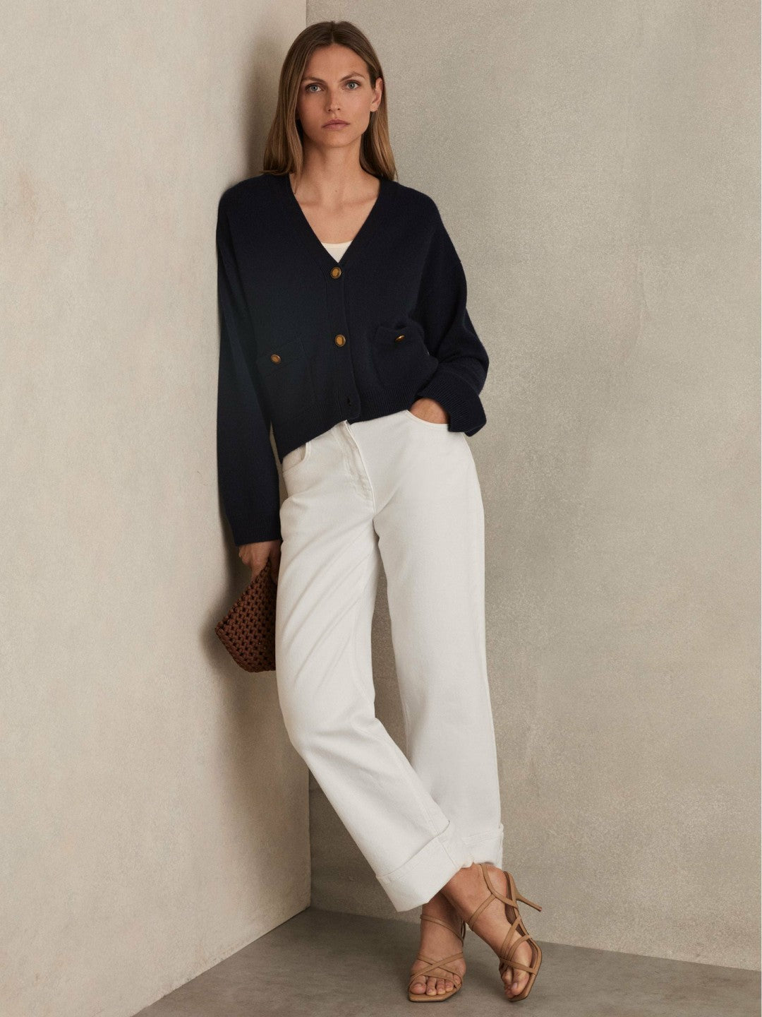 Women Wool-Cashmere Button Cardigan in Navy