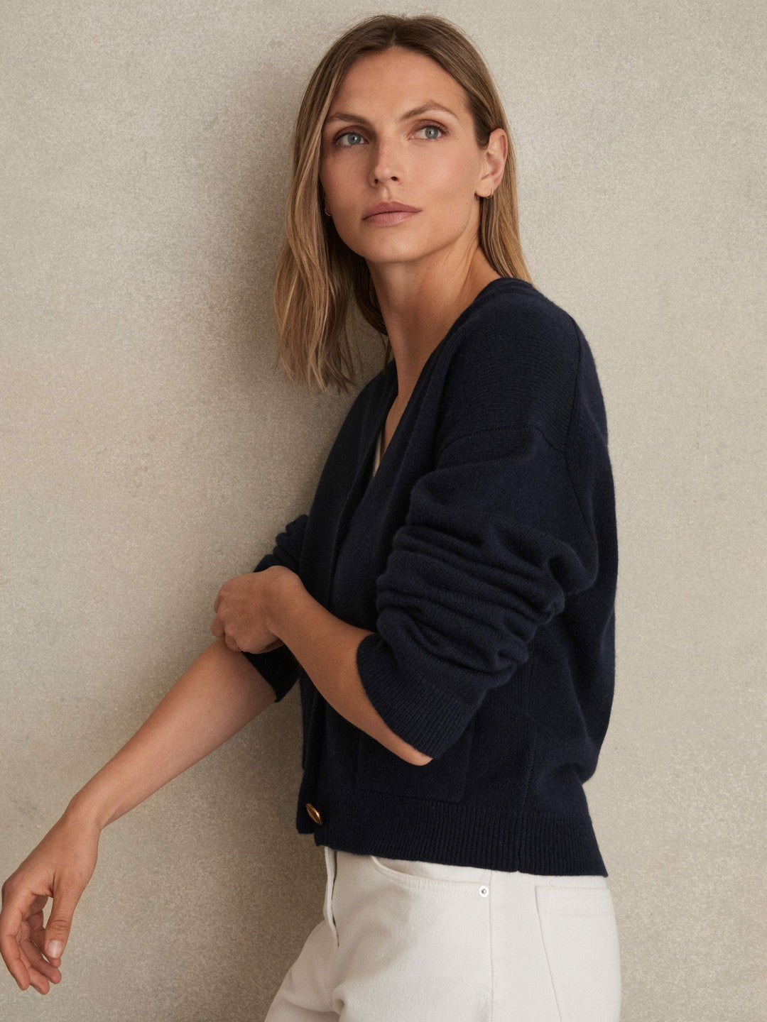 Women Wool-Cashmere Button Cardigan in Navy