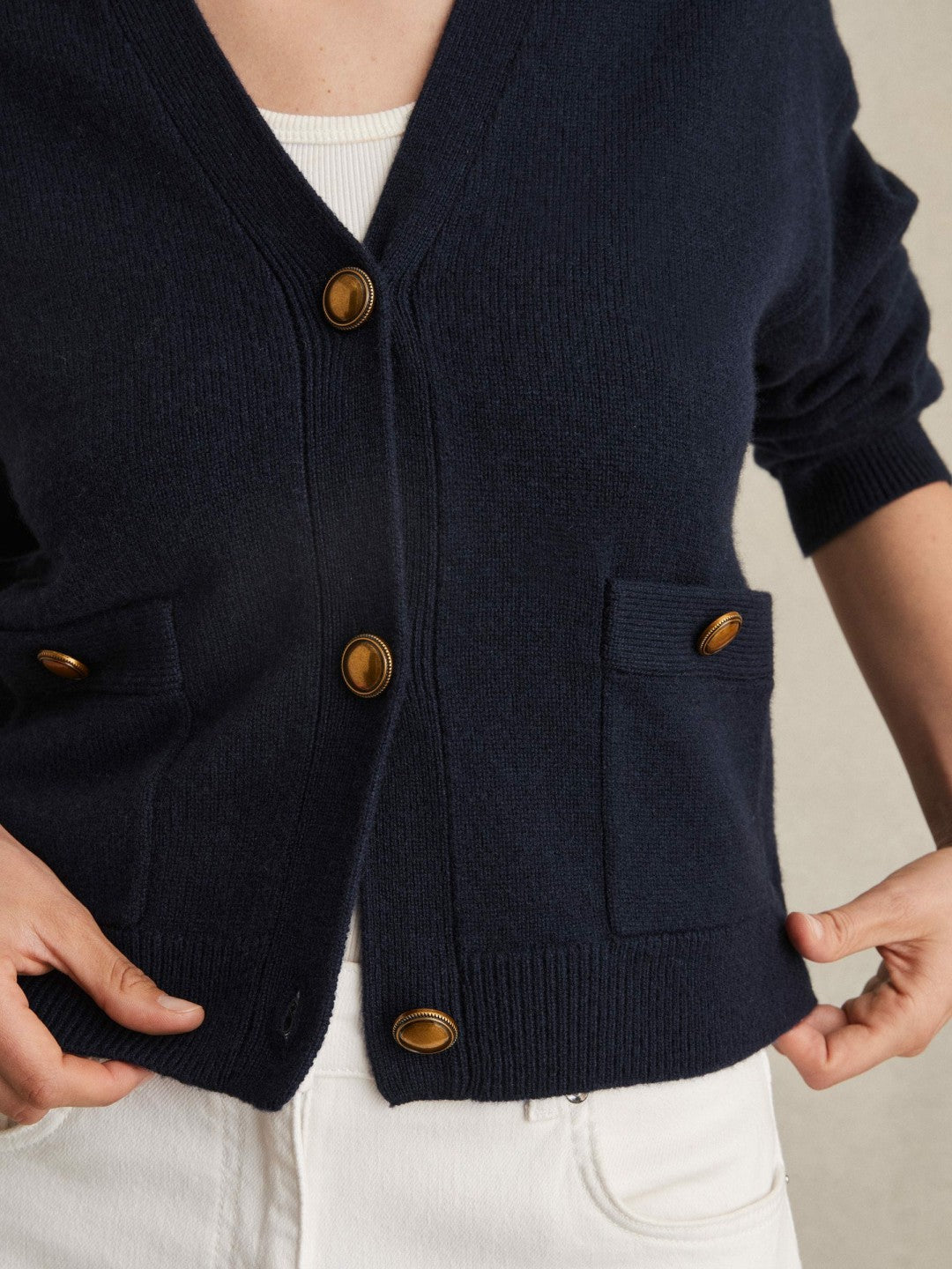 Women Wool-Cashmere Button Cardigan in Navy