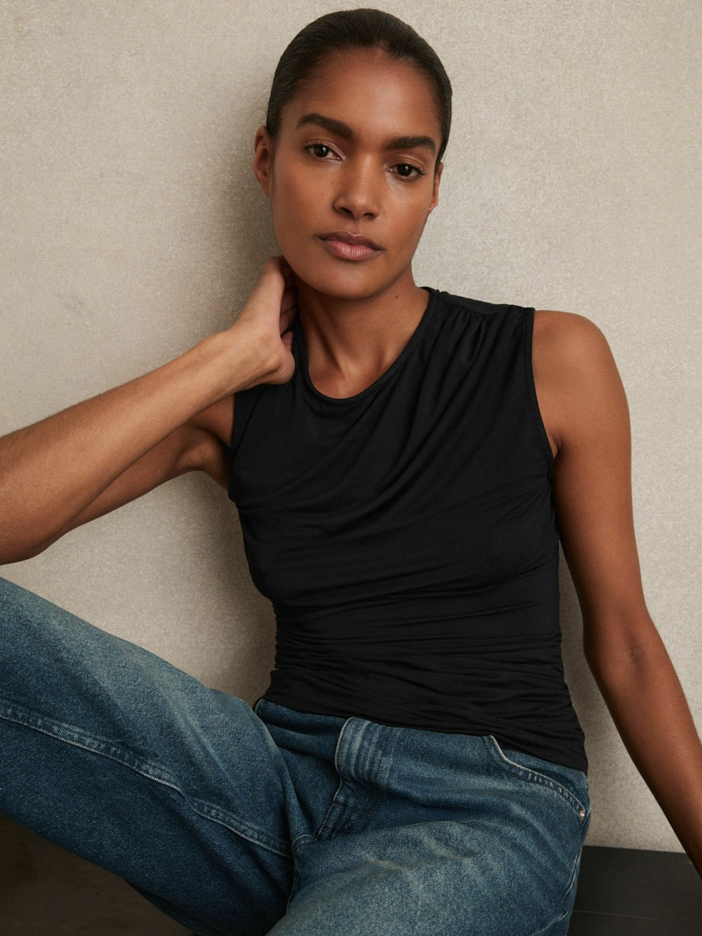 Women Stretch-Modal Ruched Vest in Black