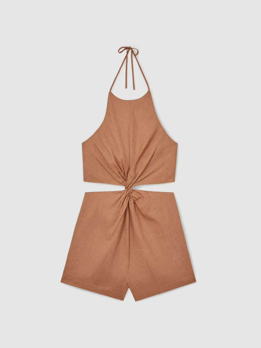 Women Linen Halterneck Cut Out Playsuit in Brown