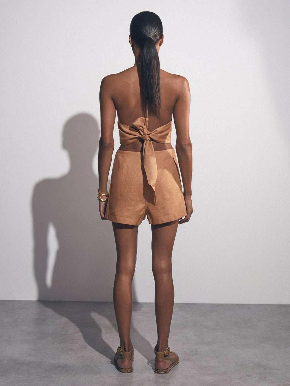 Women Linen Halterneck Cut Out Playsuit in Brown