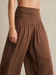 Women Lyocell Blend Wide Leg Trousers in Brown