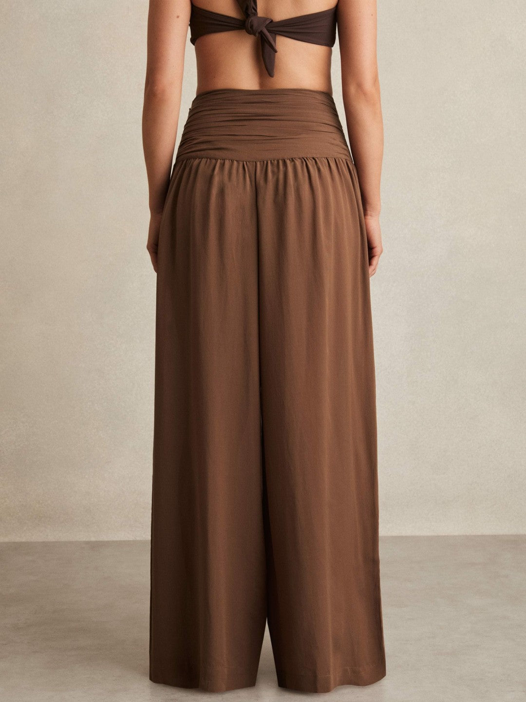 Women Lyocell Blend Wide Leg Trousers in Brown