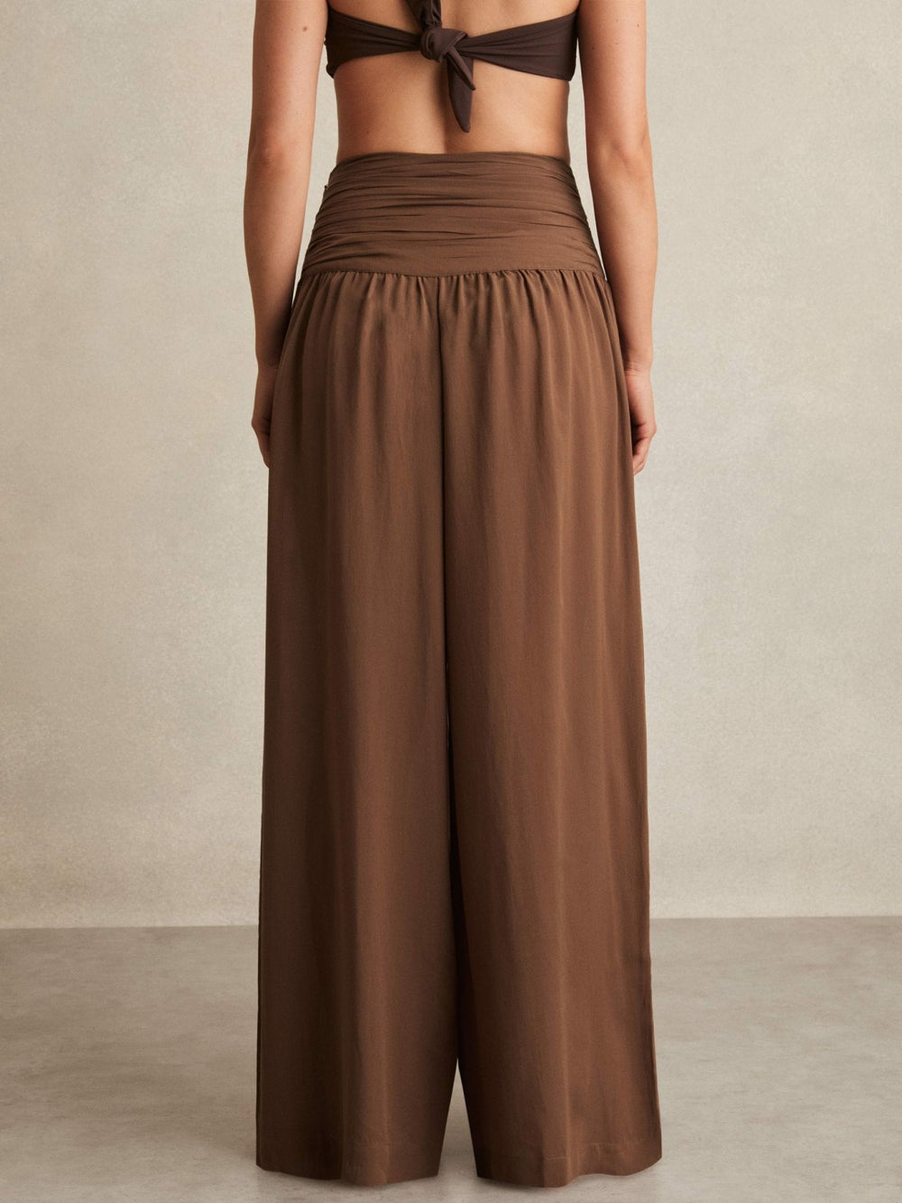 Women Lyocell Blend Wide Leg Trousers in Brown