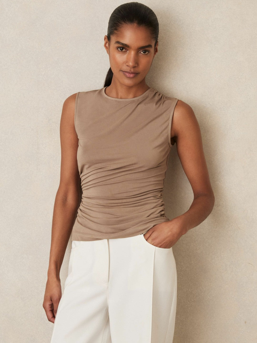 Women Stretch-Modal Ruched Vest in Mocha Brown