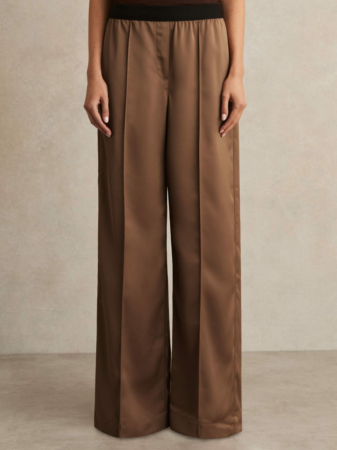 Women Satin Wide Leg Elastic Waist Trousers in Taupe Neutral
