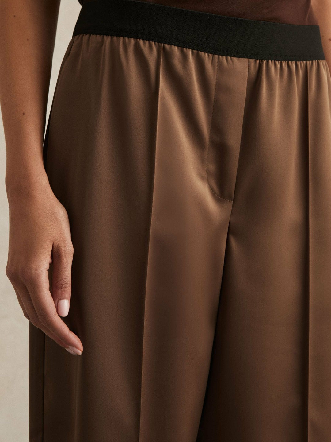 Women Satin Wide Leg Elastic Waist Trousers in Taupe Neutral