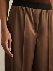Women Petite Satin Wide Leg Elastic Waist Trousers in Taupe Neutral