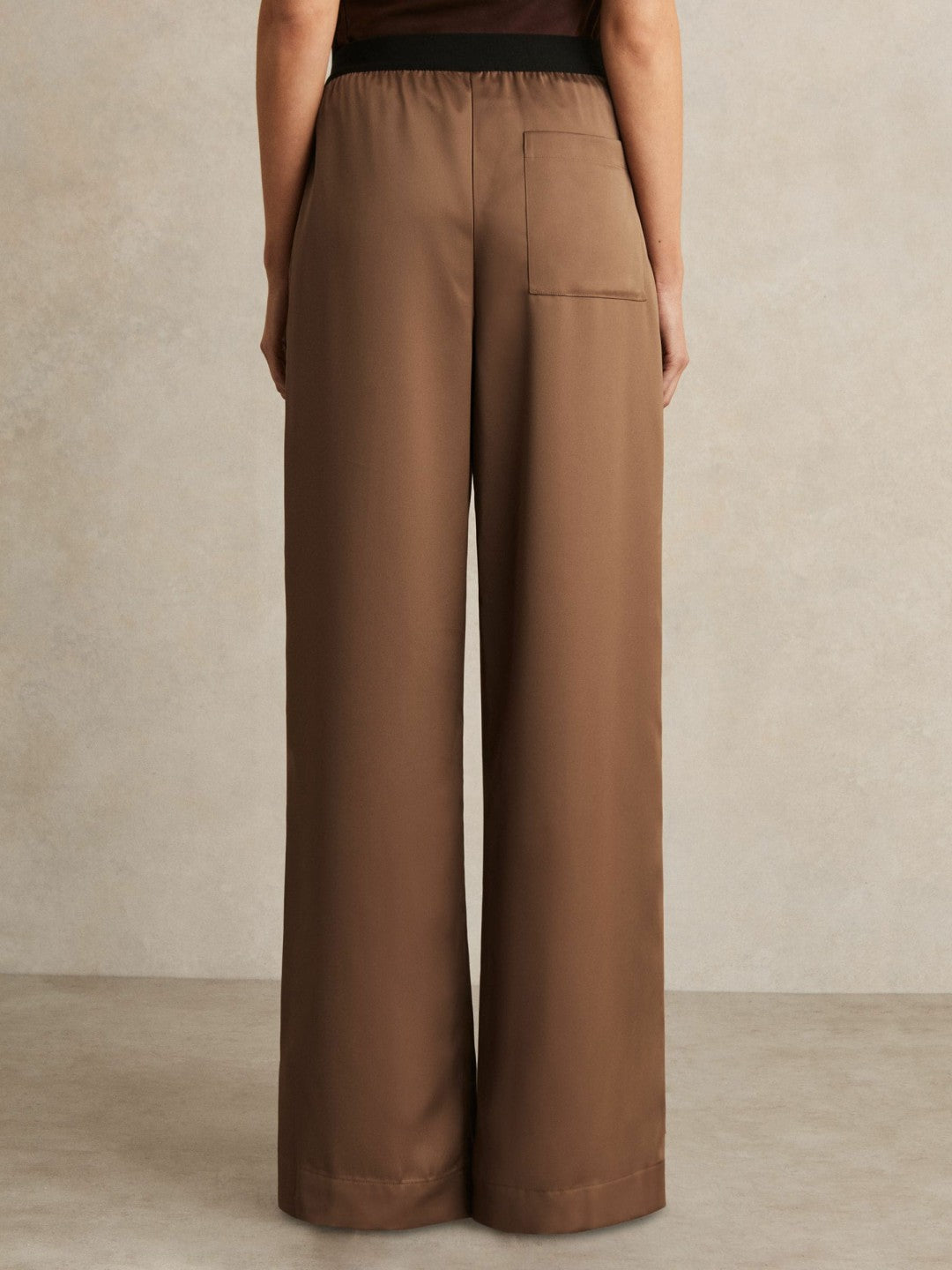 Women Petite Satin Wide Leg Elastic Waist Trousers in Taupe Neutral